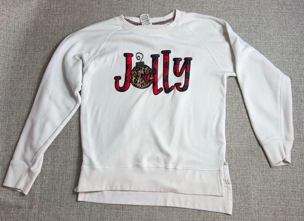 Royce Brand Jolly Christmas Sweatshirt Women L Plaid Leopard Applique Ivory